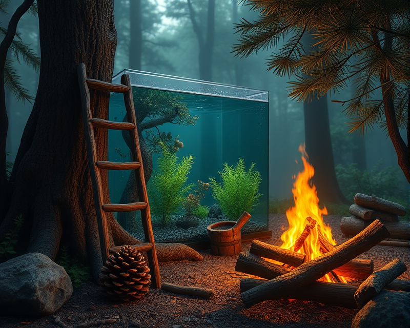 ladder, fish tank, mushroom, pinecone, campfire